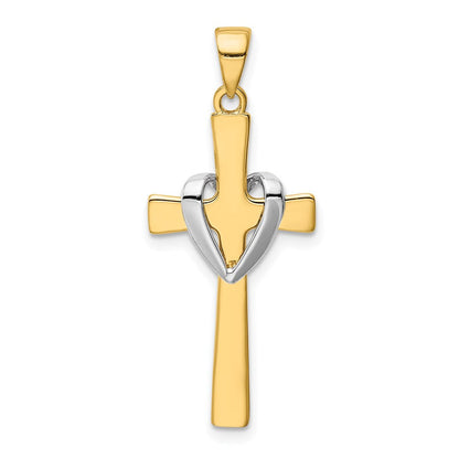 14K Gelbgold & Rhodiumgold mit Rhodium, polierter Herz-Kreuz-Anhänger