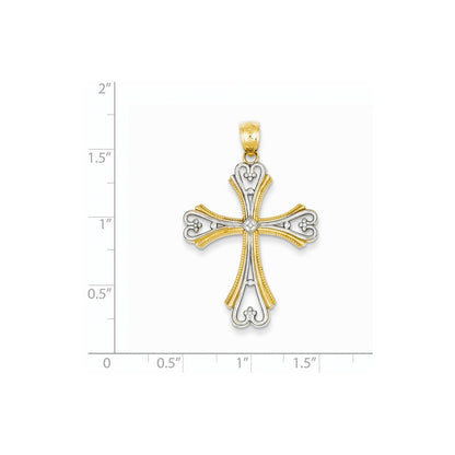 14k Yellow & Rhodium Gold w/Rhodium Polished and Textured Budded Cross Pendant