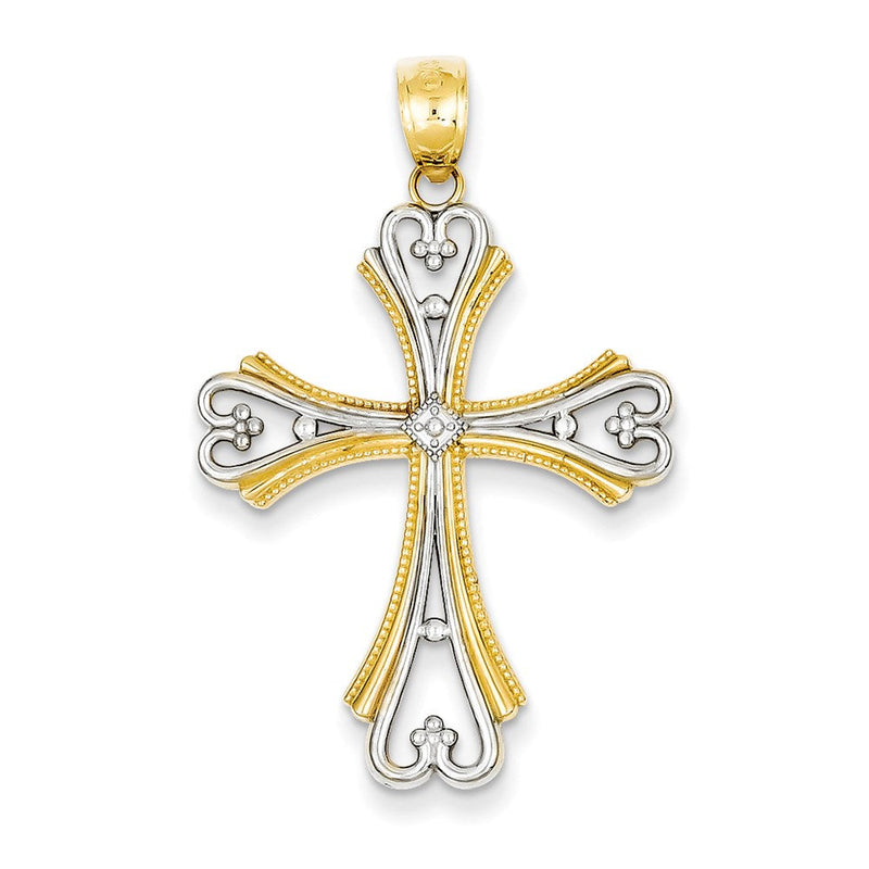 14k Yellow & Rhodium Gold w/Rhodium Polished and Textured Budded Cross Pendant