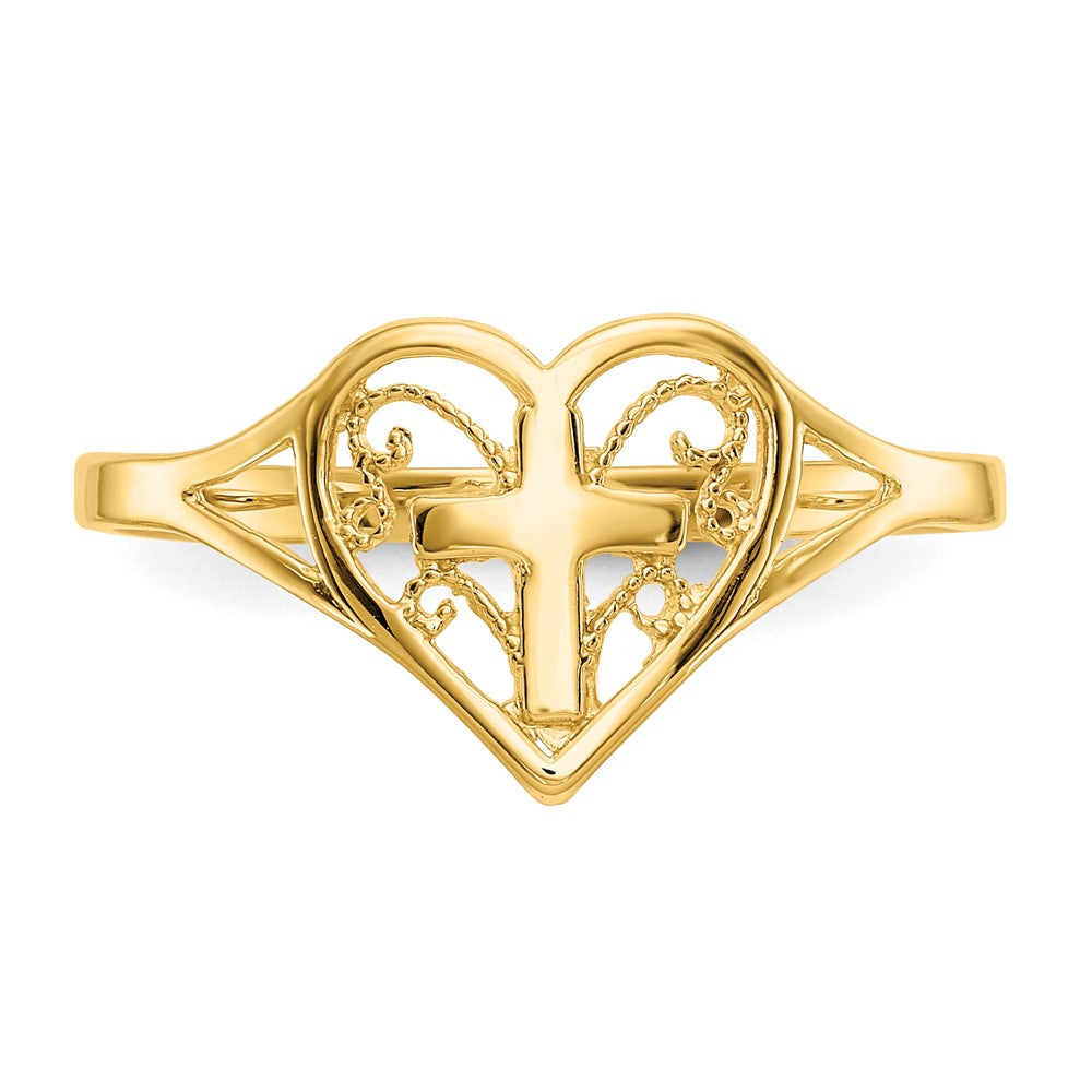 14K Gelbgold Ring mit Herz und Kreuz, poliert