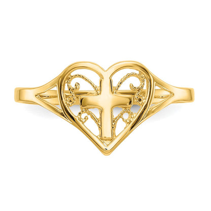 14K Gelbgold Ring mit Herz und Kreuz, poliert