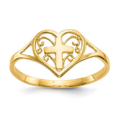 14K Gelbgold Ring mit Herz und Kreuz, poliert