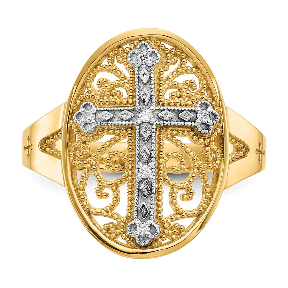 Kreuzring aus 14K Gelb- und Weißgold mit natürlichen Diamanten im Filigran-Design