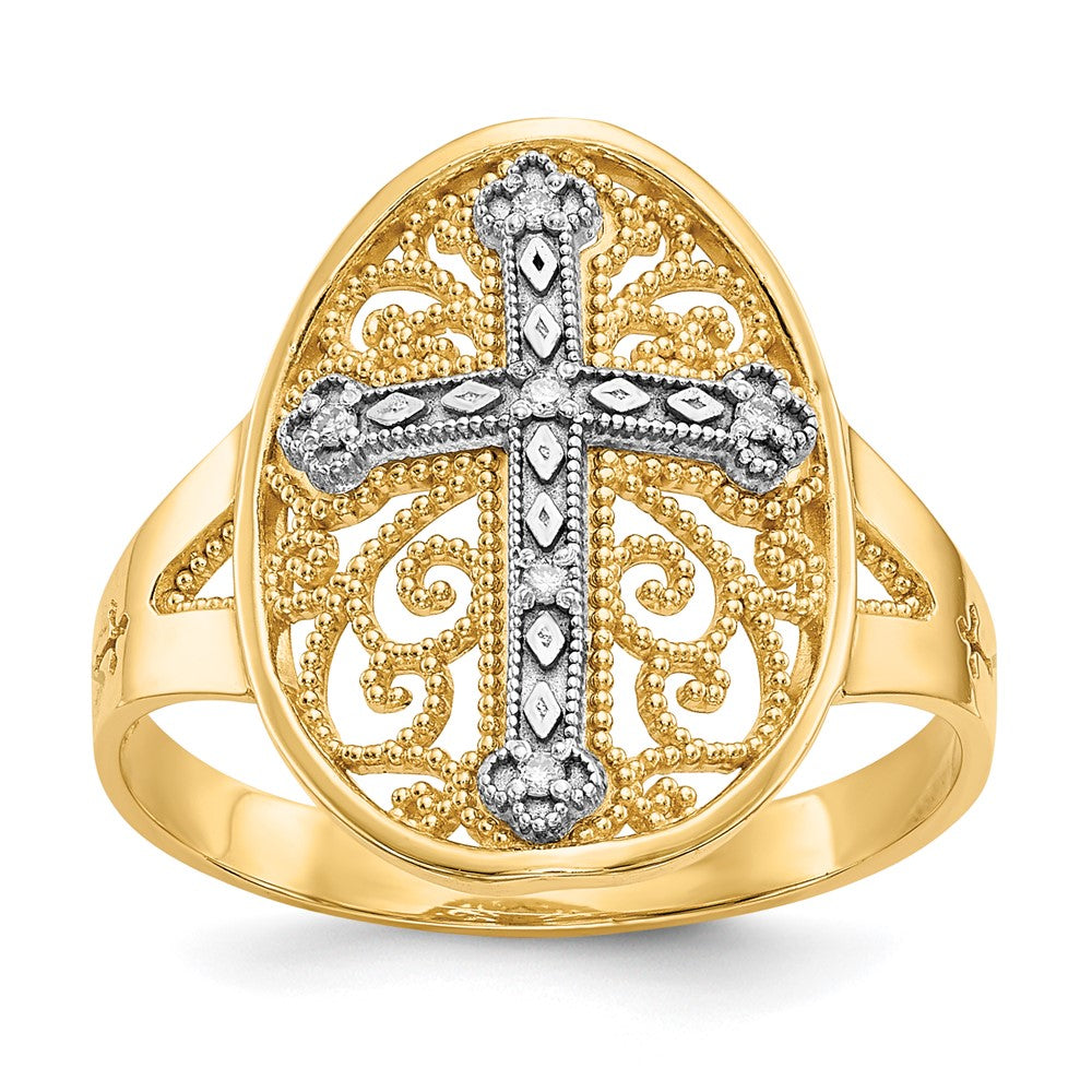 Kreuzring aus 14K Gelb- und Weißgold mit natürlichen Diamanten im Filigran-Design