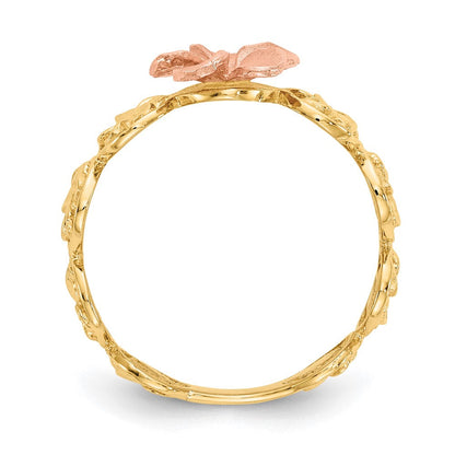 14K Gelb- & Roségold Ring mit diamantgeschliffener Plumeria-Blüte