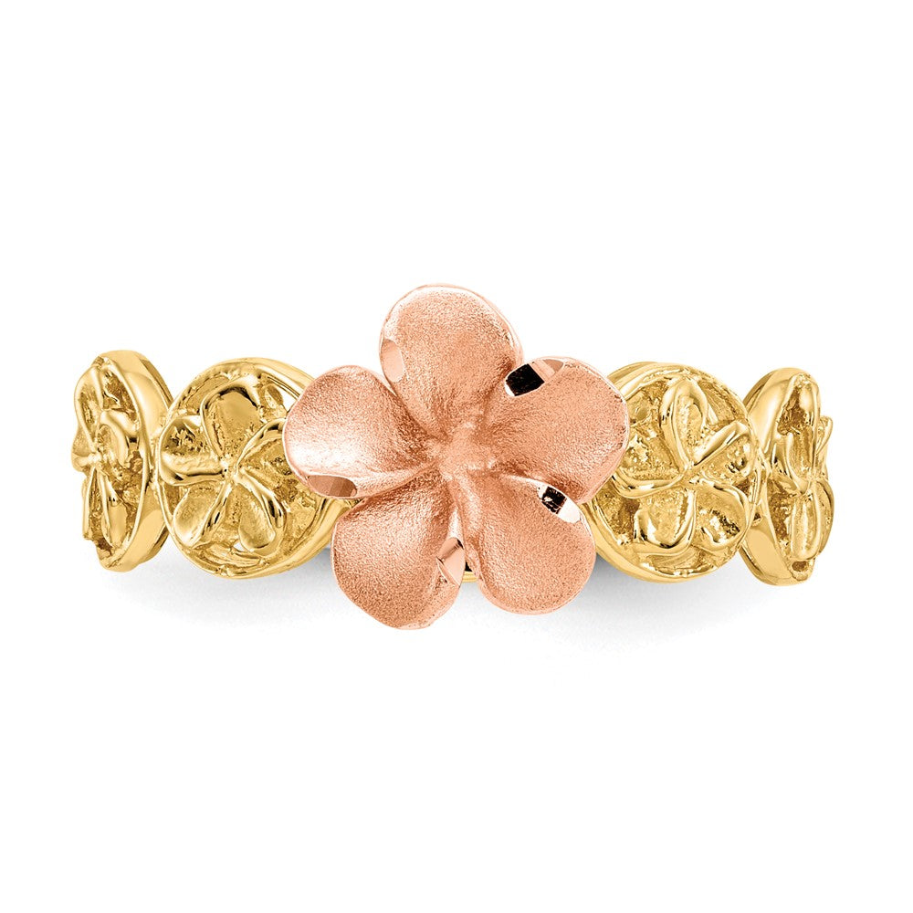 14K Gelb- & Roségold Ring mit diamantgeschliffener Plumeria-Blüte