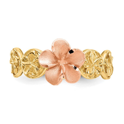 14K Gelb- & Roségold Ring mit diamantgeschliffener Plumeria-Blüte