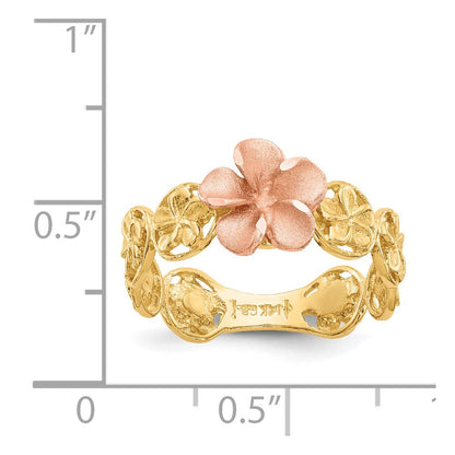 14K Gelb- & Roségold Ring mit diamantgeschliffener Plumeria-Blüte