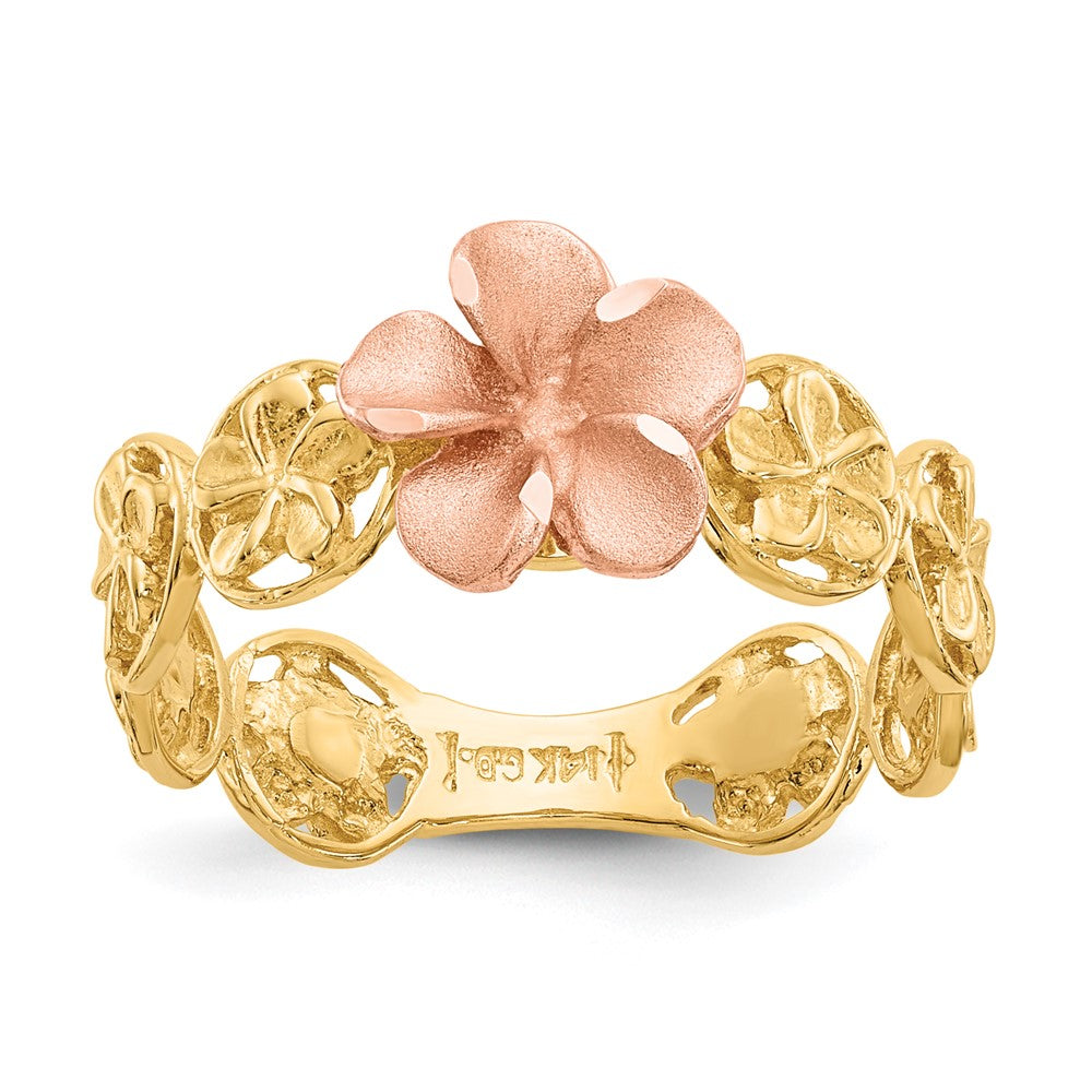 14K Gelb- & Roségold Ring mit diamantgeschliffener Plumeria-Blüte