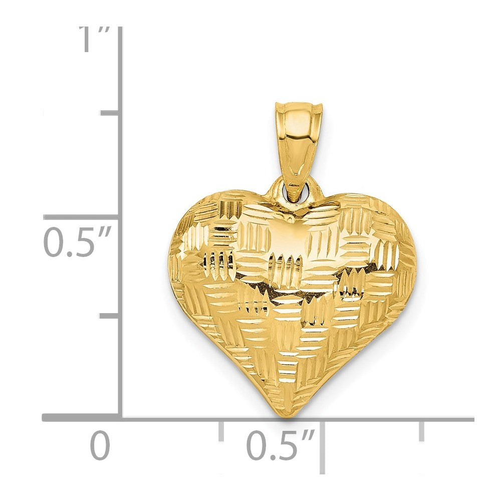 14K Gelbgold Poliert Korb Weave Muster 3-d Herz Anhänger