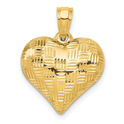 14K Gelbgold Poliert Korb Weave Muster 3-d Herz Anhänger