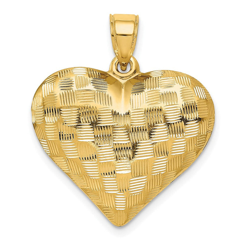 14K Gelbgold Poliert Korb Weave Muster 3-d Herz Anhänger