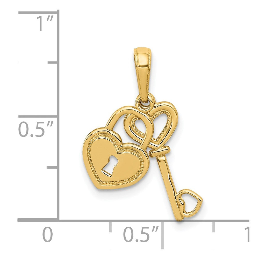 14K Gelbgold Poliert Beweglich Herz Key und Schloss Charm