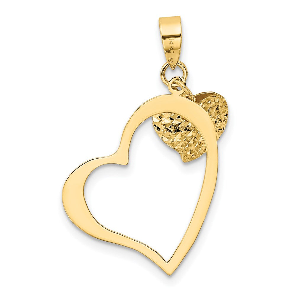 14K Gelbgold Poliert und Diamantiert Offen Gewölbt 3d Herz Anhänger