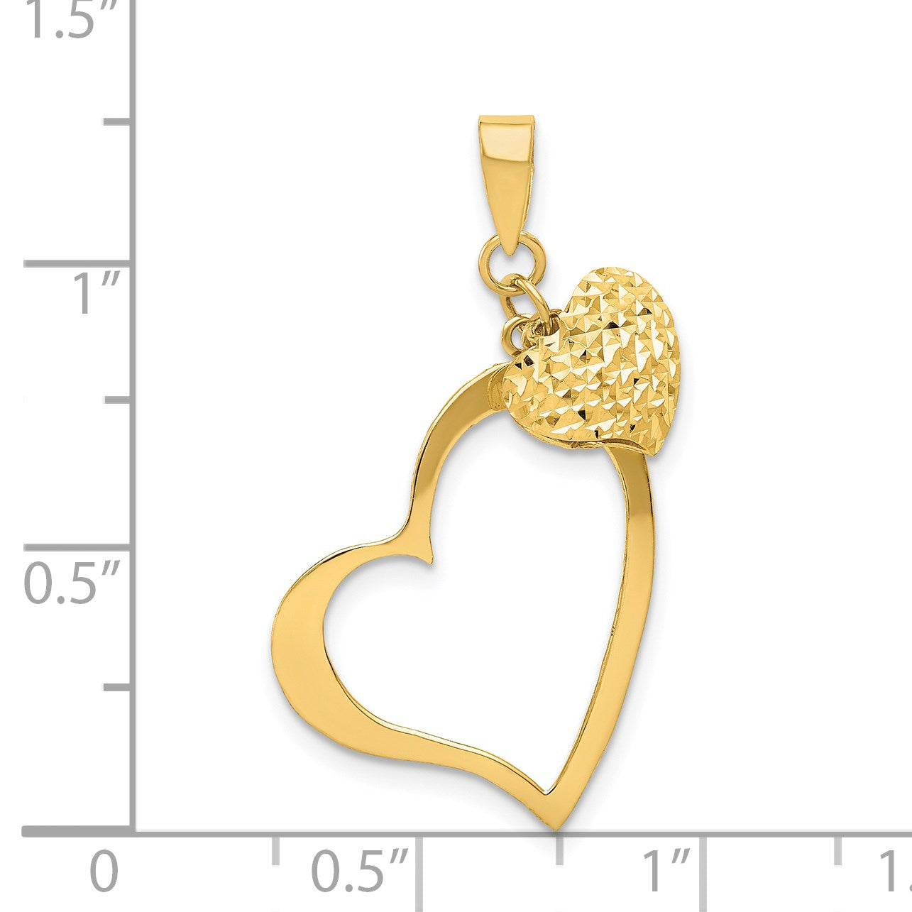 14K Gelbgold Poliert und Diamantiert Offen Gewölbt 3d Herz Anhänger