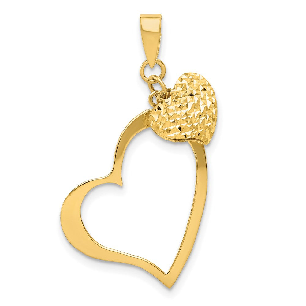 14K Gelbgold Poliert und Diamantiert Offen Gewölbt 3d Herz Anhänger