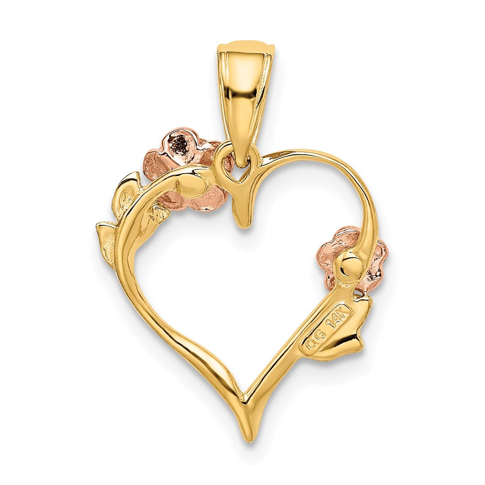 14K Bicolor und Weiß Rhodium Poliert Blume Herz Anhänger
