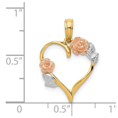 14K Bicolor und Weiß Rhodium Poliert Blume Herz Anhänger