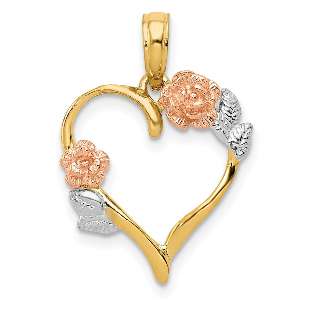 14K Bicolor und Weiß Rhodium Poliert Blume Herz Anhänger