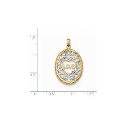 14 Karat Gelbgold & Rhodium mit Rhodium-Filigran-Oval-Anhänger "LOVE