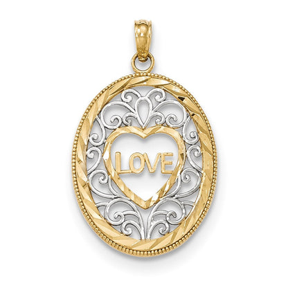 14 Karat Gelbgold & Rhodium mit Rhodium-Filigran-Oval-Anhänger "LOVE