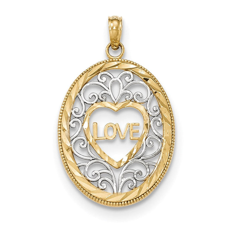 14 Karat Gelbgold & Rhodium mit Rhodium-Filigran-Oval-Anhänger "LOVE