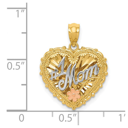 14K Tricolor-Gold polierter Schattenbox-Anhänger „#1 MOM