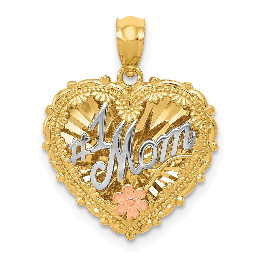 14K Tricolor-Gold polierter Schattenbox-Anhänger „#1 MOM