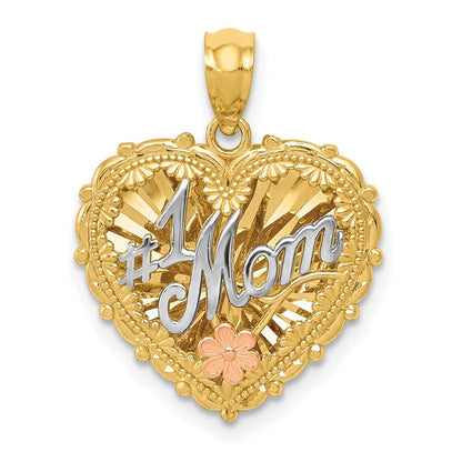 14K Tricolor-Gold polierter Schattenbox-Anhänger „#1 MOM