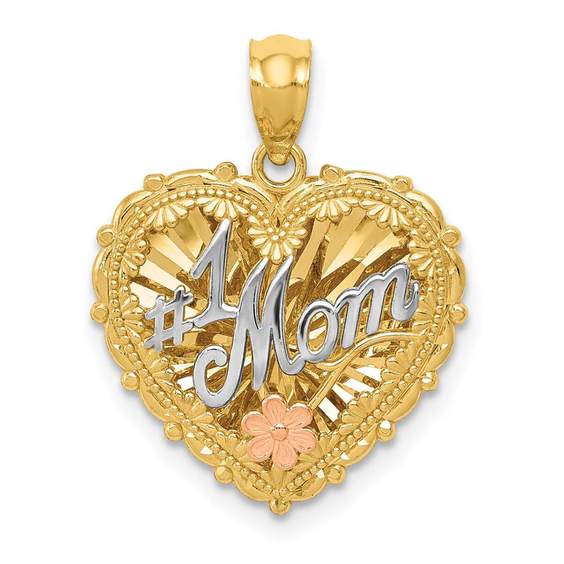 14K Tricolor-Gold polierter Schattenbox-Anhänger „#1 MOM