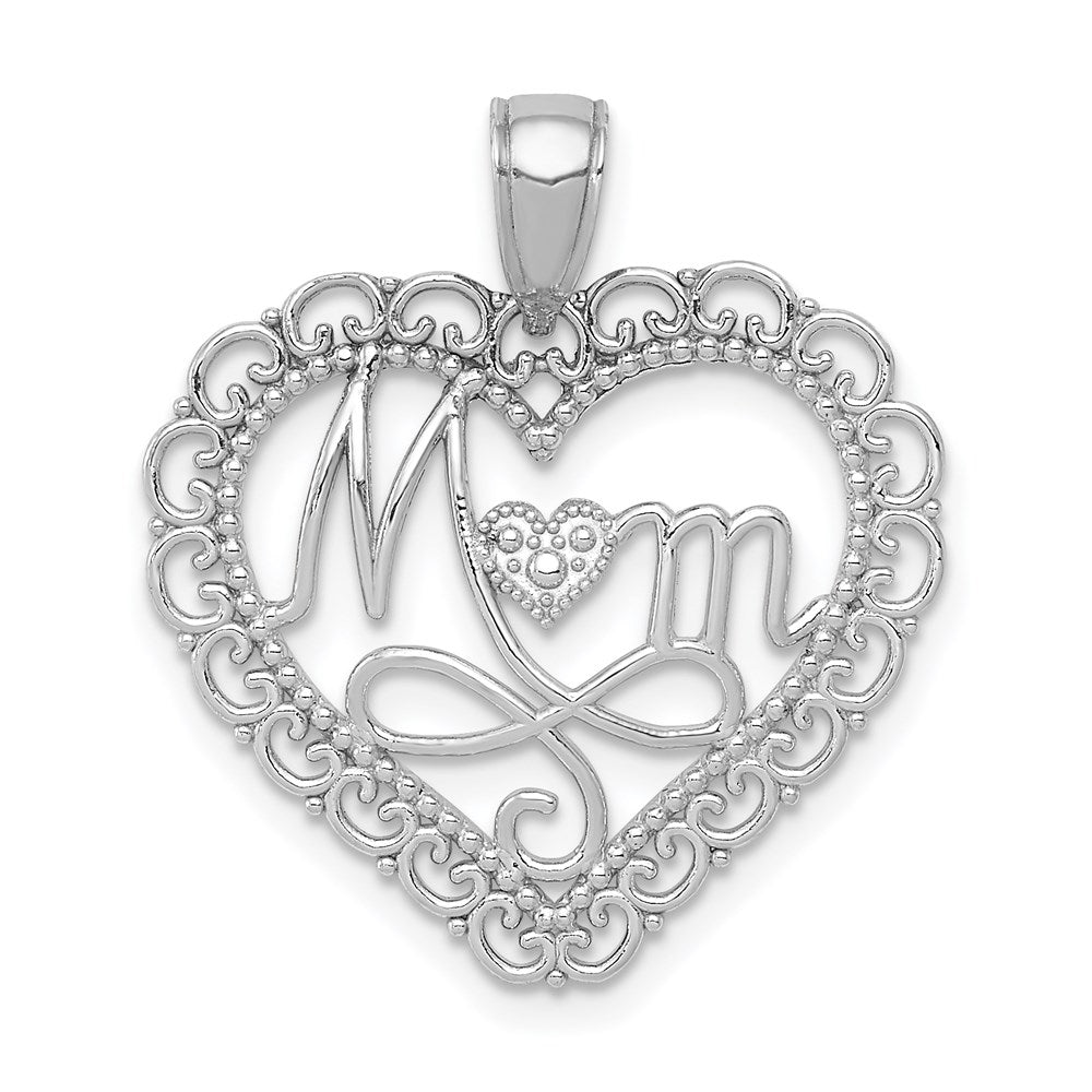 14K Weißgold Poliert MOM Muschelrand-Herz-Anhänger