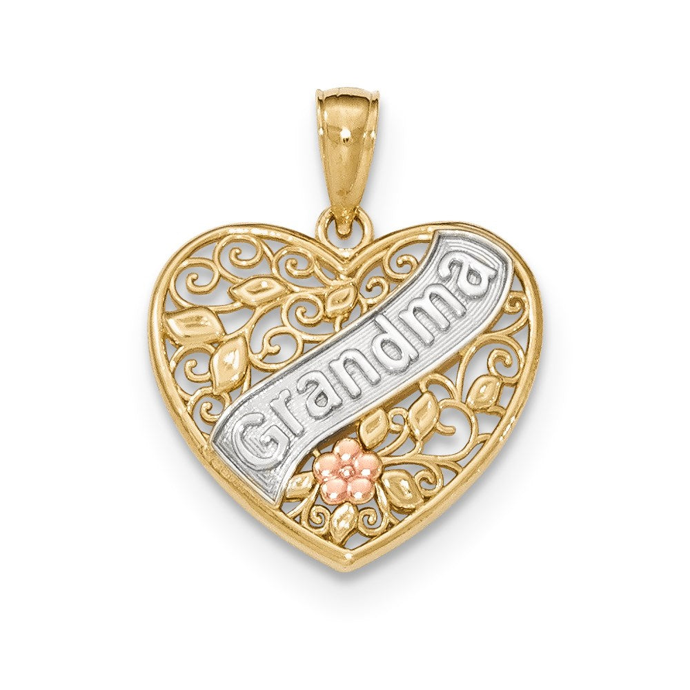 14K Gelbgold, Roségold und rhodiniertes Gold Herz-Anhänger „Oma“