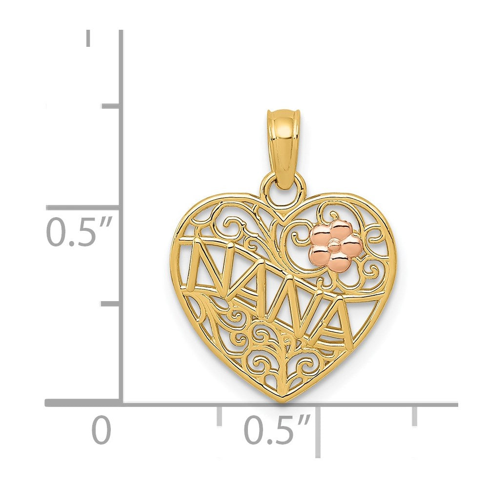 14K Bicolor Poliert Nana mit Blume auf Herz Anhänger