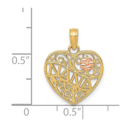 14K Bicolor Poliert Nana mit Blume auf Herz Anhänger