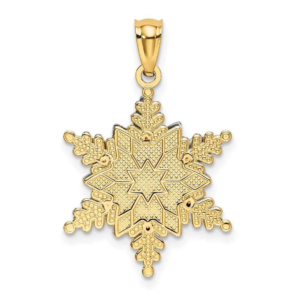 14K Bicolor Gold polierter und strukturierter Schneeflocken-Anhänger mit zwei Ebenen