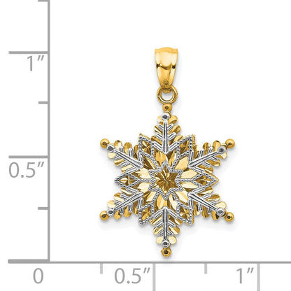 14K Bicolor Gold polierter und strukturierter Schneeflocken-Anhänger mit zwei Ebenen