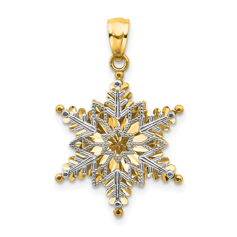14K Bicolor Gold polierter und strukturierter Schneeflocken-Anhänger mit zwei Ebenen