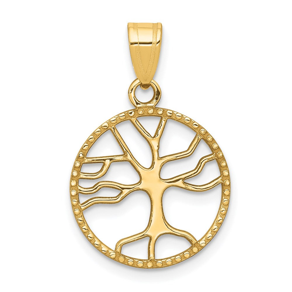 14K Gelbgold Poliert Klein Baum Of Leben in Rund Anhänger