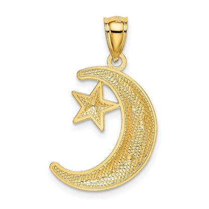 14K Gelbgold Polierter und Strukturierter Mond-und-Sterne-Anhänger