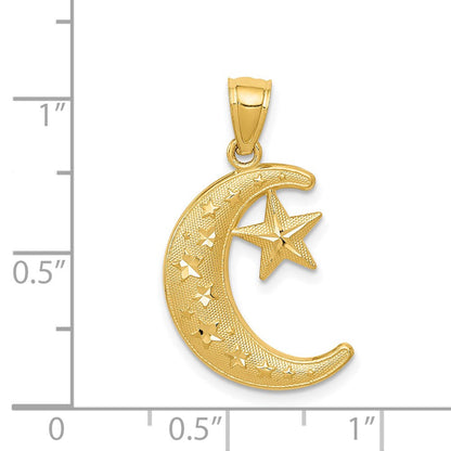 14K Gelbgold Polierter und Strukturierter Mond-und-Sterne-Anhänger