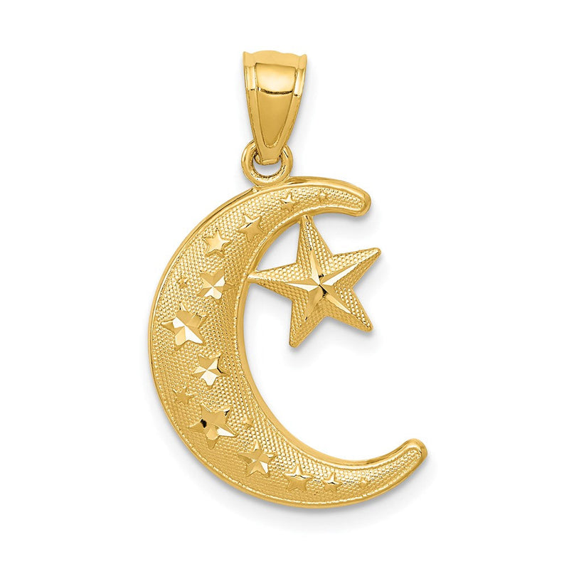 14K Gelbgold Polierter und Strukturierter Mond-und-Sterne-Anhänger