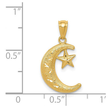 14K Gelbgold Poliert und Strukturiert Mond Sterne Anhänger