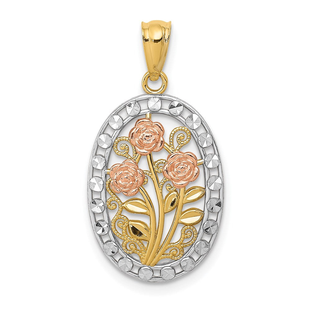 14K Bicolor Gelb und Roségold mit Weiß Rhodium Oval 3 Anhänger