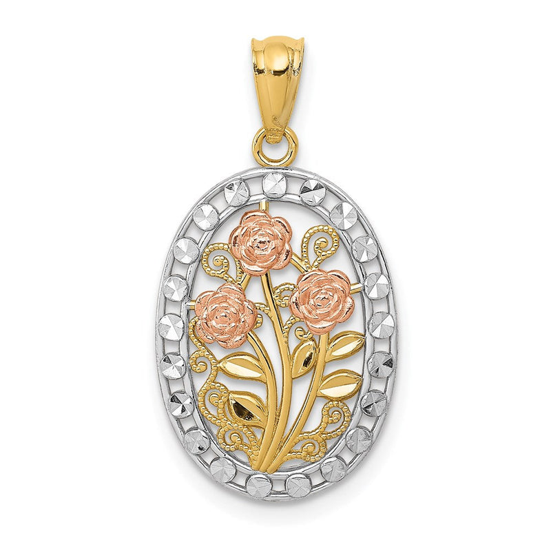 14K Bicolor Gelb und Roségold mit Weiß Rhodium Oval 3 Anhänger