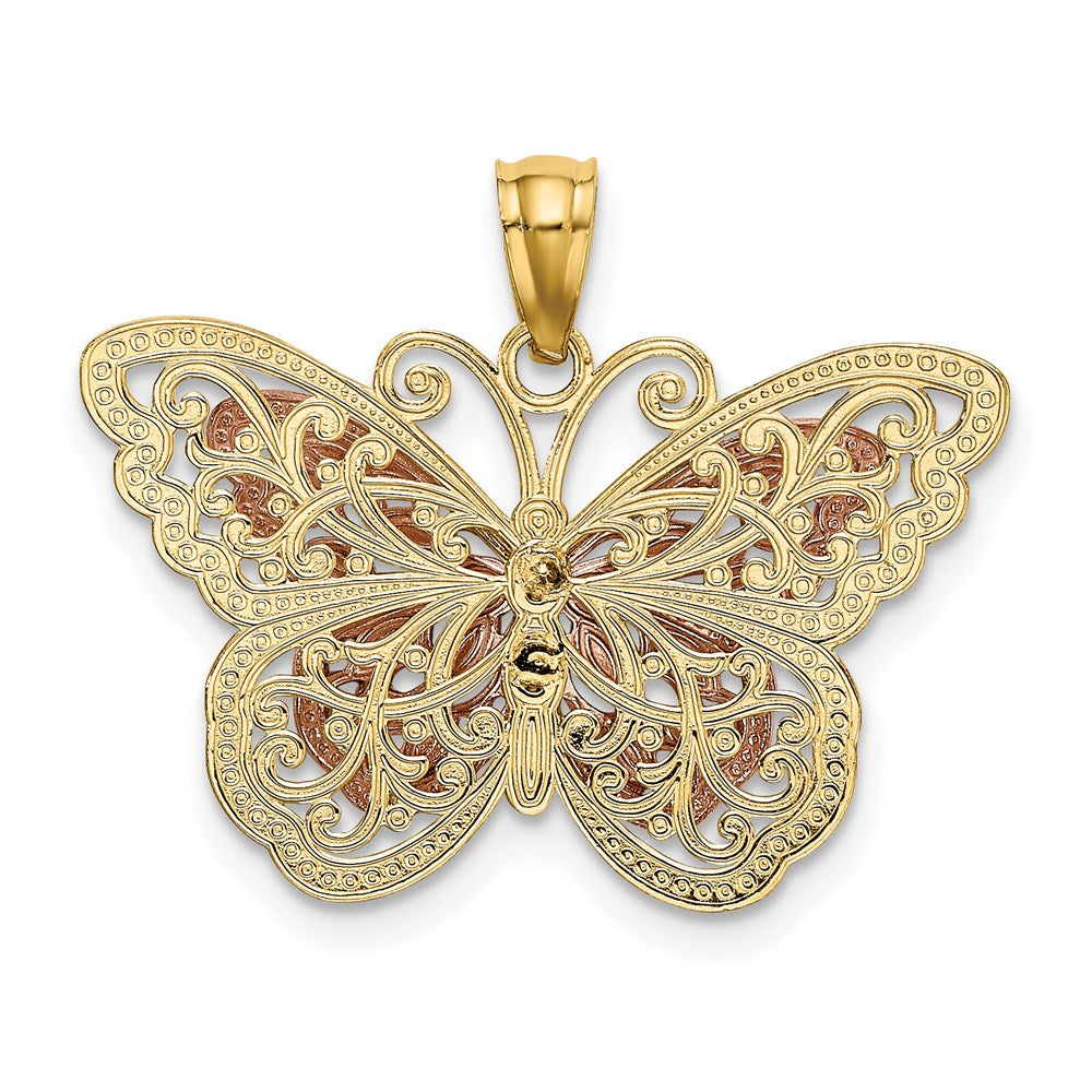 14K Bicolor-Gold mit Weiß-Rhodium ausgeschnittener zweistufiger Schmetterlings-Anhänger