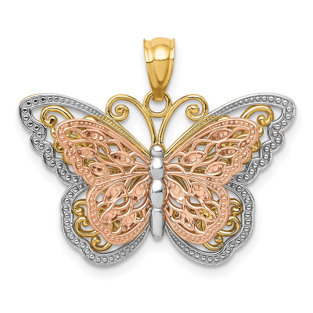 14K Bicolor-Gold mit Weiß-Rhodium ausgeschnittener zweistufiger Schmetterlings-Anhänger