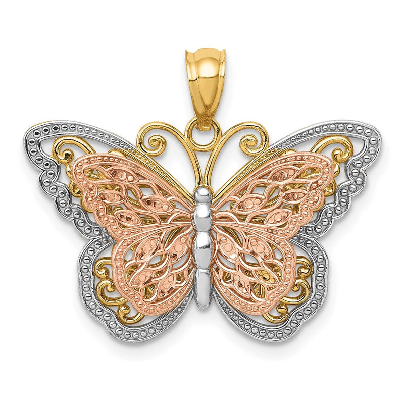 14K Bicolor-Gold mit Weiß-Rhodium ausgeschnittener zweistufiger Schmetterlings-Anhänger