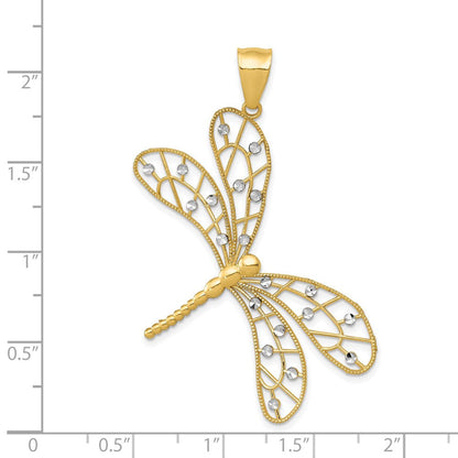 14K Gelb- und Rhodiumgold Filigran-Libellenanhänger, rhodiniert und diamantgeschliffen poliert