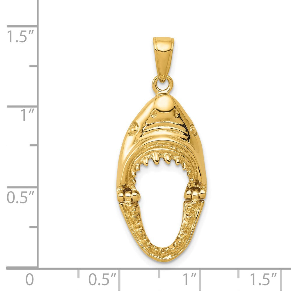 14 Karat Gelbgold Gold Poliert Hai-Kopf-Anhänger mit offenem Maul, 2-D-Kiefer