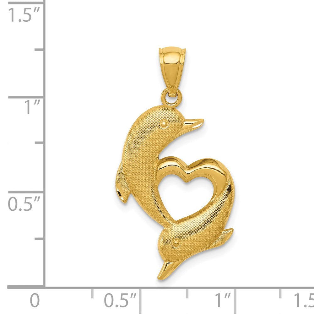14K Gelbgold Anhänger mit polierten und strukturierten Delfinen und Herz
